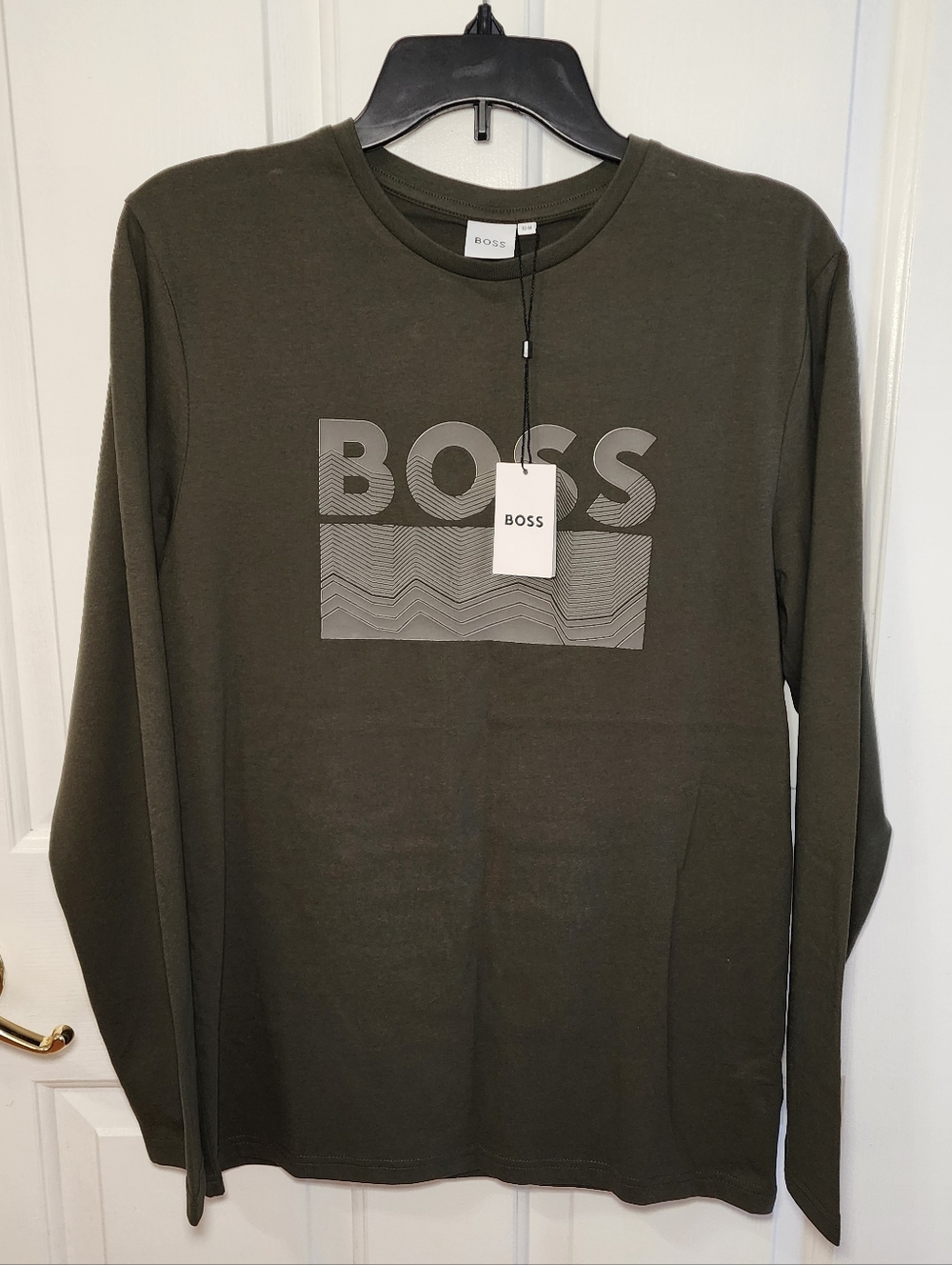 Hugo Boss Kids Long Sleeve Boy's T-Shirt Green Large Chest Logo Tee Size 16Y
